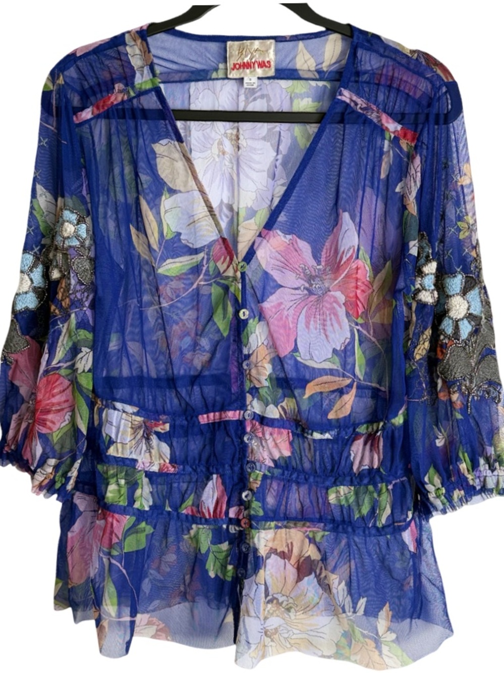 Johnny Was Embroidered Blue Floral Mesh Mazzy Embroidered Blouse Blue Size S - Picture 8 of 11